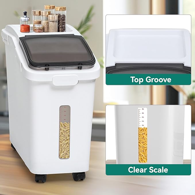 YITAHOME 65L/117lbs Large Ingredient Storage Bins, Commercial 11.4+5.8 Gal Rice Flour Storage Container, Organizer Storage Bin with Measuring Cup, Scoop and Wheels for Kitchen, White & Black Lid