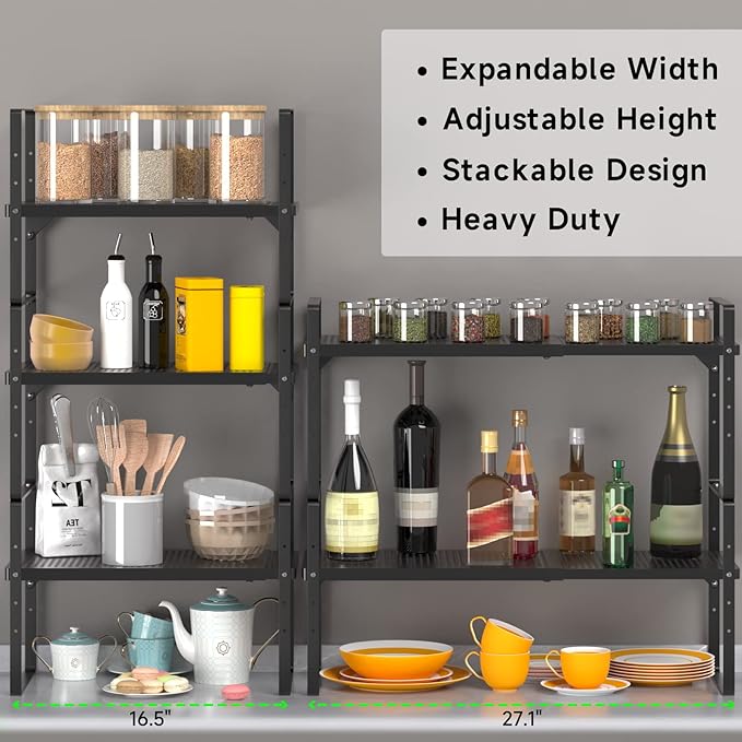 Expandable Cabinet Organizer Shelf - Adjustable Width (16.5”-27.1”), Stackable, Heavy Duty 80 lbs, for Kitchen Pantry, Countertop, Office, Spice Rack - Black, Small Size, 1 Pack
