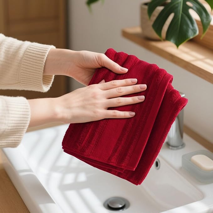 Jacquotha Red Hand Towels for Bathroom Ribbed - Set of 2, Decorative Cotton Textured Towels, 13x29 Inches
