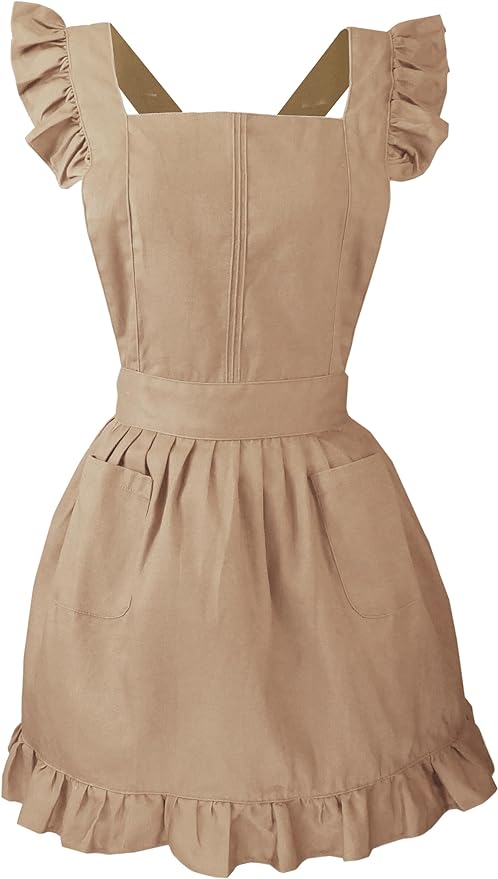 Retro Adjustable Ruffle Apron Kitchen Cooking Baking Cleaning Maid Costume (Light Cappuccino)