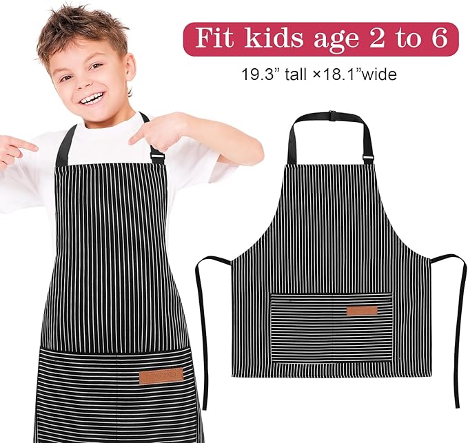 3 Pack Stripes Kids Apron, Adjustable Kids Cooking Aprons with 2 Pockets, Cute Chef Baking Aprons for Boys and Girls