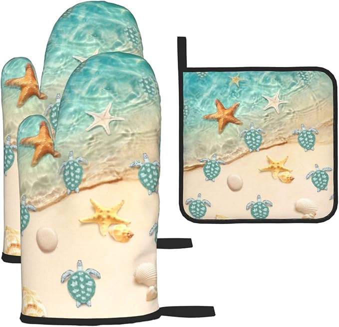 Sea Turtles Beach Oven Mitts and Pot Holders Sets of 3 Nautical Kitchen Decor Heat Resistant Hot Pads Teal Nautical Decorative Oven Gloves for Cooking Grilling Baking