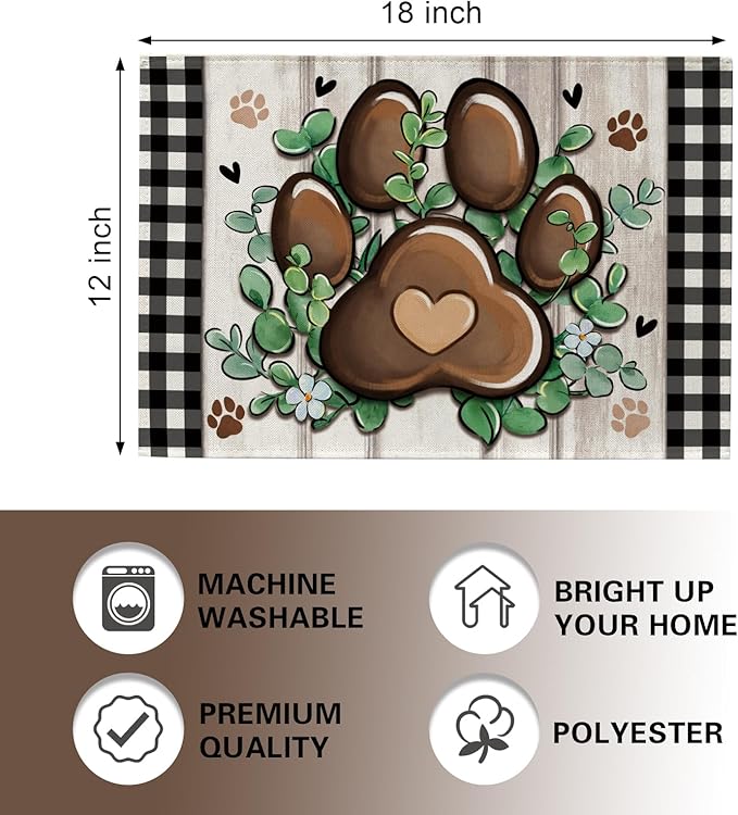 Cat Dog Paw Prints Placemats Set of 4, Eucalyptus Leaves Buffalo Plaid Dining Place Mats Table Decor, Farmhouse Flower Home Kitchen Decoration Pet Owner Lover Gifts 12''x18''