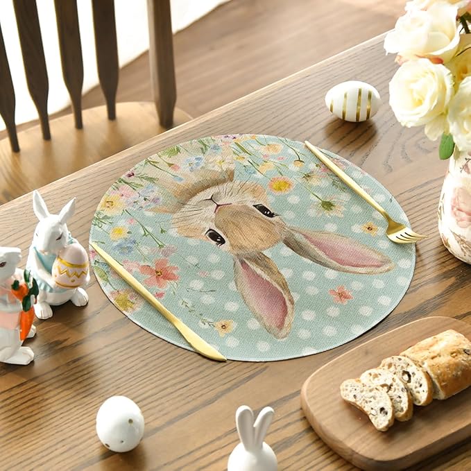 Artoid Mode Blue Bunny Polka Dot Easter Placemats Set of 4, 14 Inch Round Seasonal Spring Holiday Table Mats for Party Kitchen Dining Decoration