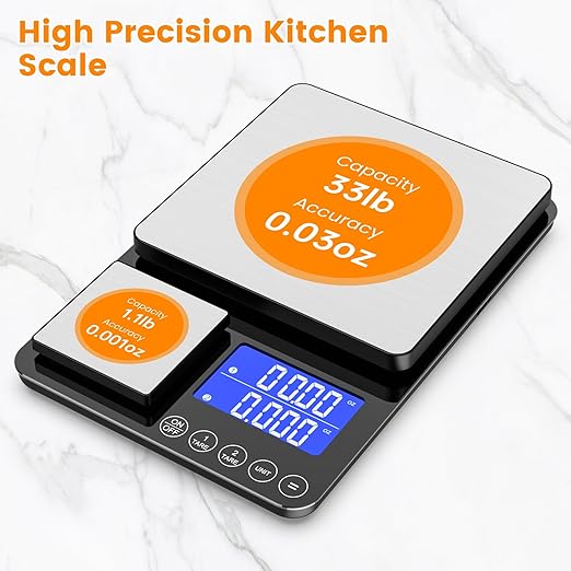 KKZ 0.001oz/33lb Kitchen Scale, Dual Platform Food Scale Grams and Ounces Rechargeable for Weight Loss Baking Cooking Meal Prep Sourdough Bread, Stainlesl Steel