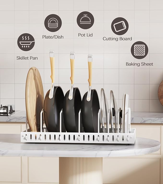 Lozovin Pull Out Pots and Pans Organizer Under Cabinet, Sliding Lid Holder and Pan Rack in Kitchen, Slide Out inside Cabinet Storage for Pot Lid, Bakeware, Dishes, 8 Adjustable Dividers, 1 Pack White