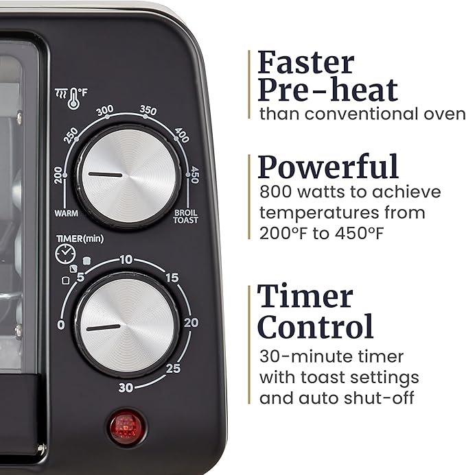 Elite Gourmet ETO449X 9L / 4-Slice Countertop Toaster Oven, Compact Design, 30-Min Timer, Adjustable Temp up to 450°F, 800W Quartz Heating, Drop-Down Crumb Tray, Bake, Broil, Toast, Black
