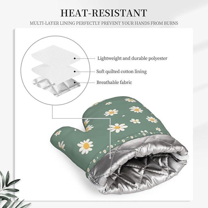 Oven Mitts and Pot Holders Daisy Flower Green Silicone Kitchen Accessories Set of 2 Heat Resistant Long Gloves Potholder Non-Slip Grip for Chef Cooking Baking Grilling BBQ