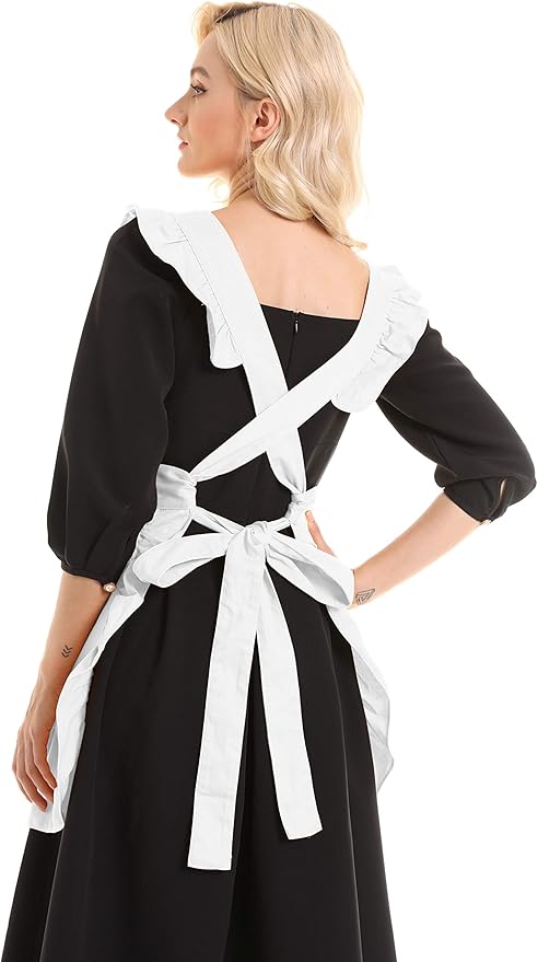 Retro Adjustable Ruffle Apron Kitchen Cooking Baking Cleaning Maid Costume (White)