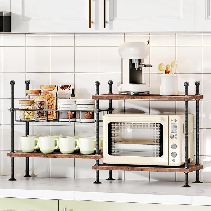 HOOBRO Kitchen countertop Organizer, 4-Tier Adjustable Kitchen Storage Shelf with Rods & Leveling Feet, 3 Configurations, for Cabinet, Countertop, Bathroom, Office, Rustic Brown and Black BF21TL01