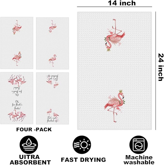 Jztco 4 Pcs Funny Flamingo Kitchen Towels 24x14 Inch, Hot Pink Bird Reusable Dish Towels for Kitchen Home Bathroom Decor, Waffle Weave Absorbent Hand Cloth Tea Towel, Flamingo Gifts for Women Mom