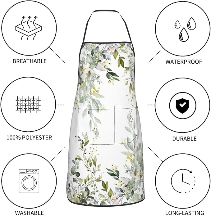 Sage Green Eucalyptus Oven Mitts Watercolor Butterfly Leaves Pot Holders Cooking Apron Set of 5 Silicone Kitchen Glove Apron Non-Slip Heat Resistant for Chef Baking Cooking Grilling BBQ