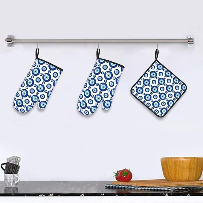 Blue Evil Eyes Oven Mitts and Pot Holders Sets of 3 Funny Hot Pads Heat Resistant Non Slip Washable for Cooking Grilling Baking BBQ Kitchen Decor