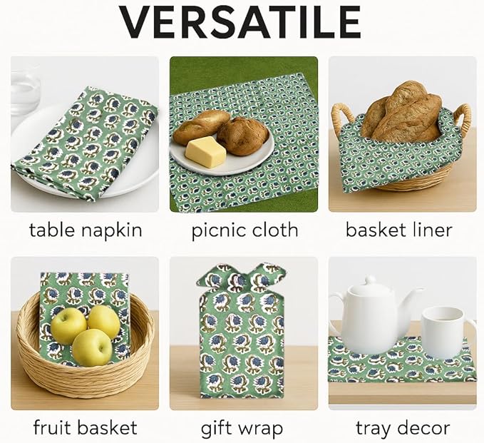 Ridhi Basil Green Hand Block Print 100% Cotton Napkins 18" x 18" (Set of 8) Reuseable Kitchen Napkins Cloth Decor Dinner Party Wedding Cocktail Gift for Spring, Easter, Valentine