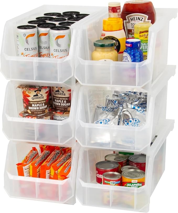 ReadySpace Large Plastic Storage Bins, Stackable Organizer Containers for Closet Pantry Shelf Garage and Office Organization, Clear, 6 Pack