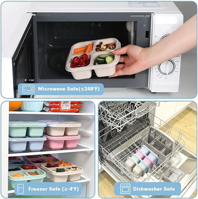 8 Pack Snack Box Container, 4 Compartments Bento Snack Containers for Organized Meal Prep, Reusable Divided Lunch Food Storage Containers for Work, Picnic– Microwave, Dishwasher, Freezer Safe