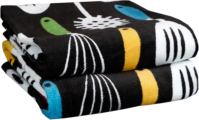 T-Fal Fiber Reactive Print Kitchen Towels: Highly Absorbent, Super Soft - 100% Cotton, 16"x28" Dish Towels for Cleaning & Drying Dishes, Pans, Glassware, or Countertops, 2-Pack, Utensiles
