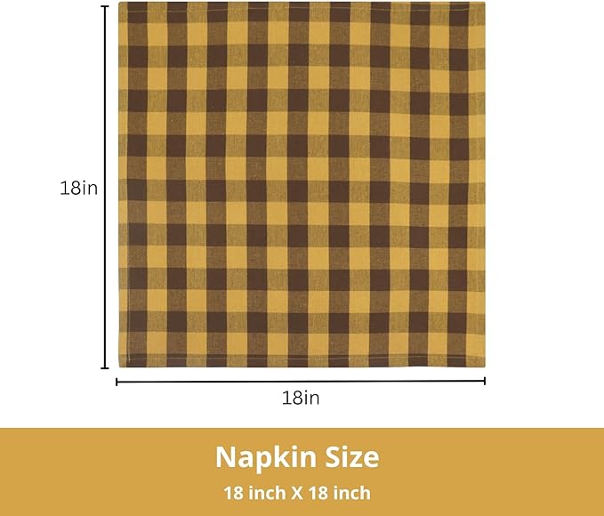 PurpleEssences Buffalo Plaid Cloth Napkins - Mitered Corners - Spring Easter Summer Gingham Check Dinner Napkin - Set of 12-100% Cotton - 18x18 Inch - Reusable Washable - Golden Yellow and Nut Brown
