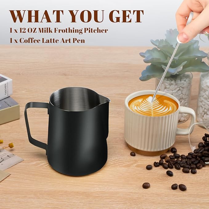 Amrules Milk Frothing Pitcher, 12oz Milk Frother Cup with Clear Scale, 304 Stainless Steel Cappuccino Espresso Machine Accessories for Barista Coffee Bar with Latte Art Pen, Black