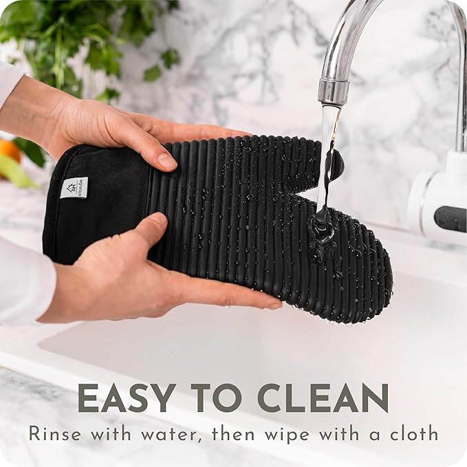Extra Long Silicone Oven Mitts | Heat Resistant 500°F BPA-Free Food Grade Silicone Kitchen Mittens | 2-Piece Set of Oven Gloves Kitchens- Black