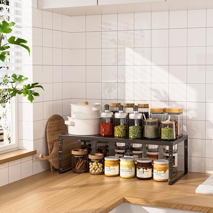 Expandable Adjustable Cabinet Shelf Organizer - Stackable Metal Spice Rack for Kitchen Pantry, Countertop, Cupboard & Bathroom (1Pack/Black,Large)