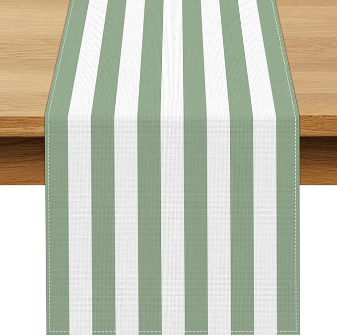 Sage Green and White Cabana Striped Table Runner Baby Shower Birthday Party Decoration Wedding Dining Room Home Kitchen Table Decor (Sage Green, 13" x 72")