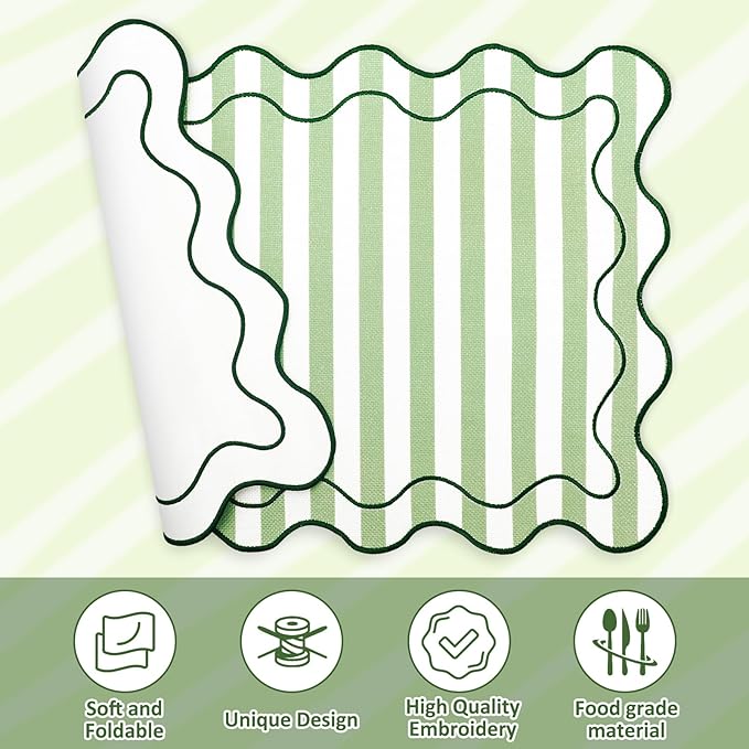 Whaline Green Stripe Linen Placemats Embroidered Scalloped Kitchen Place Mats for Spring Party Home Dining Table Decor, Set of 6, 13 x 19 in