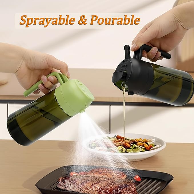 Oil Sprayer and Dispenser for Cooking- 2 x 16 oz Pack, Olive Green Glass to Preserve Fresh Oil, Suitable for Air Fryer, Roasting, Grilling, Barbecue, and Salad. (Black, Green)