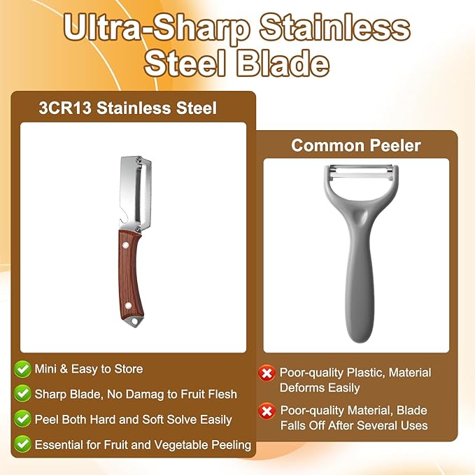 2PCS Premium 2-in-1 Vegetable Peeler with Wooden Handle, Stainless Steel Blade & Bottle Opener, Multi-Purpose Kitchen Tool for Apple, Potato, Pumpkin, Papaya & Various Fruits/Vegetables (Wood+Black)
