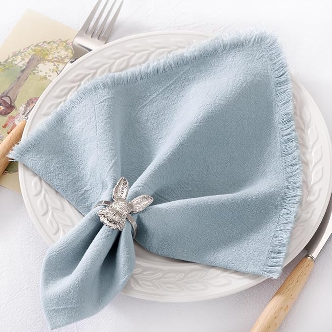 DeZerlor 12 Pack Gray- Blue Cotton Linen Napkins with Fringe Spring Cloth Napkins Set of 12 Boho Handmade Dinner Napkins Bulk for Wedding Bridal Baby Shower Parties, 17 x 17 Inches