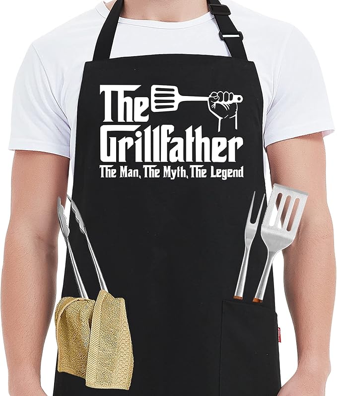 Kaidouma Grill Apron BBQ Aprons for Men Dad - The Grillfather - Funny Chef Cooking Grilling Apron for Dad with 2 Pockets and 40" Long Ties