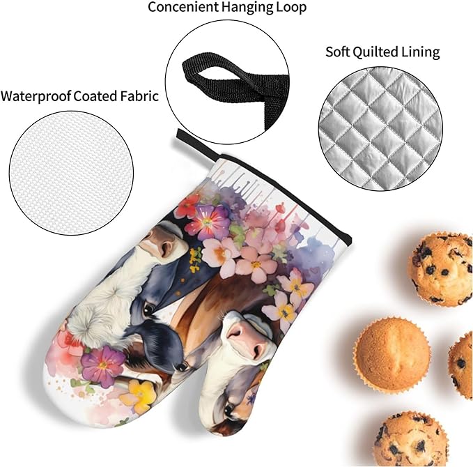 Watercolor Cows Oven Mitts and Pot Holders Sets Daisy Flower Kitchen Oven Gloves Heat Resistant 500 Degrees Oven Mitt and Hot Pad for Cooking BBQ Baking Grilling