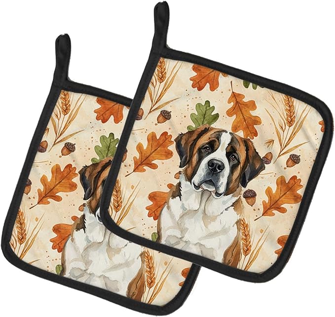 Caroline's Treasures Brindle and White Saint Bernard Heirloom Fall Pair of Pot Holders Pair 7.5x7.5 Quilted Insulated Hot Pads Decorative Kitchen Gift Made in USA