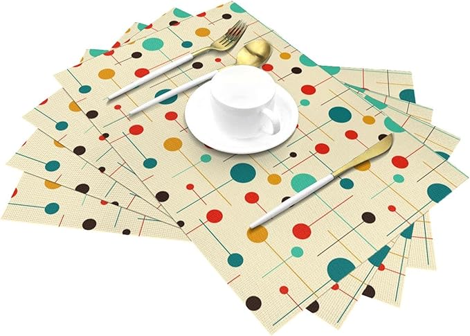 Mid Century Modern Placemats Set of 4, Washable Yellow Retro Table Mats for Kitchen Dining Table Outdoor Holiday Party Home Decor, Heat Resistant Linen Place Mats 12"x18"