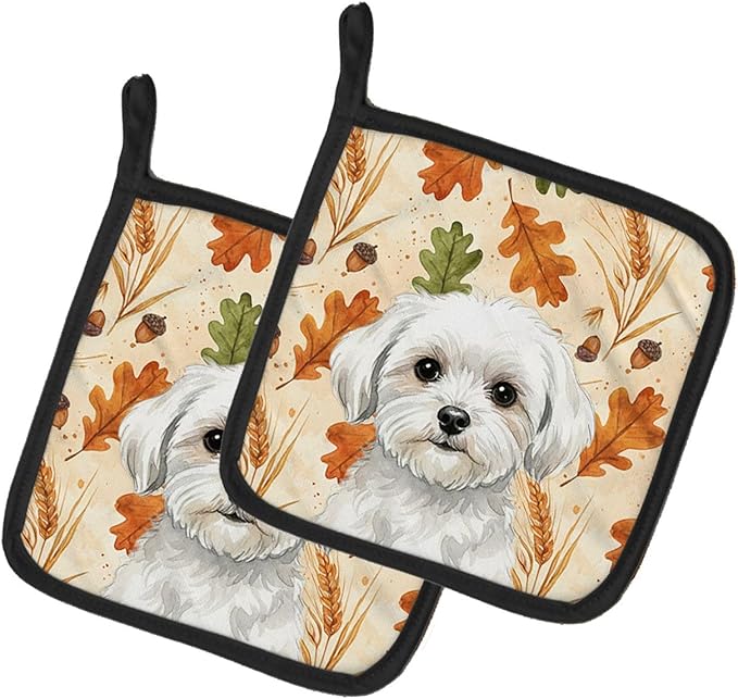 Caroline's Treasures Maltese Heirloom Fall Pair of Pot Holders Pair 7.5x7.5 Quilted Insulated Hot Pads Decorative Kitchen Gift Made in USA