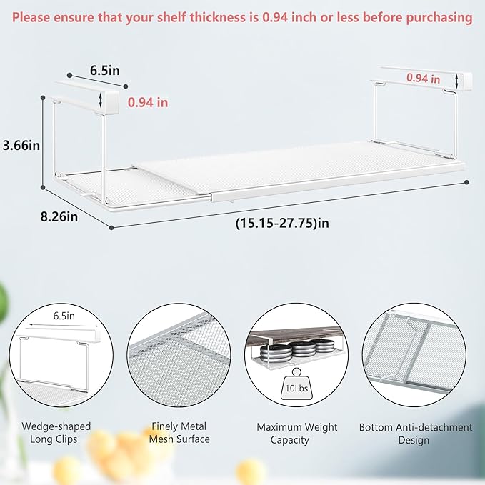 Expandable Under Cabinet Shelf, Extendable Under Shelf Storage with 0.94 Inches Thick Clips for Pantry Cabinet, Laundry Room, Shoe Rack. (White, 2 Pack, Interior: 3.66" H x 8.26" D)