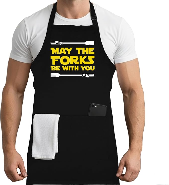 Adult Cooking Apron | May The Forks Be With You | BBQ Grill or Kitchen Apron with Pockets | Fun Grilling Accessories