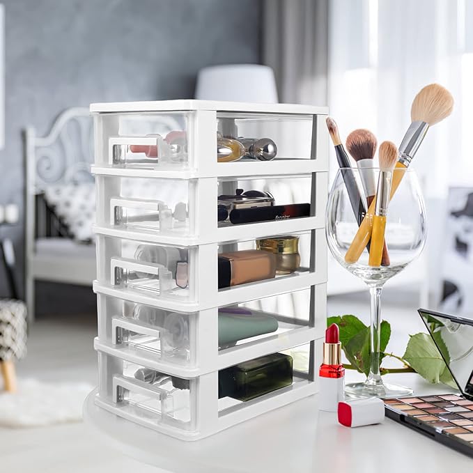 Cabilock 5-Drawer Plastic Storage Cabinet Clear Desktop Organizer Portable Office Storage Case for Craft Supplies and Stationery