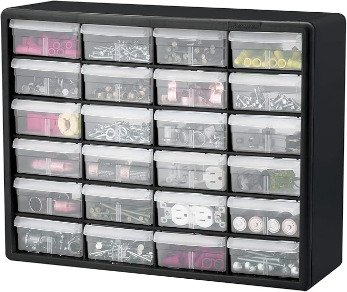 Akro-Mils 24-Drawer Plastic Drawer Storage Cabinet for Garage Organization, Bead Organizer, Building Bricks Storage, Teacher Toolbox, Makeup Organizer, 20" W x 6" D x 16" H, 10724 Black