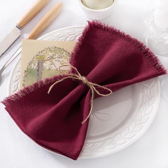 DeZerlor 6 Pack Burgundy Red Cotton Linen Napkins with Fringe Spring Cloth Napkins Set of 6 Boho Handmade Dinner Napkins Bulk for Wedding Bridal Baby Shower Parties, 17 x 17 Inches