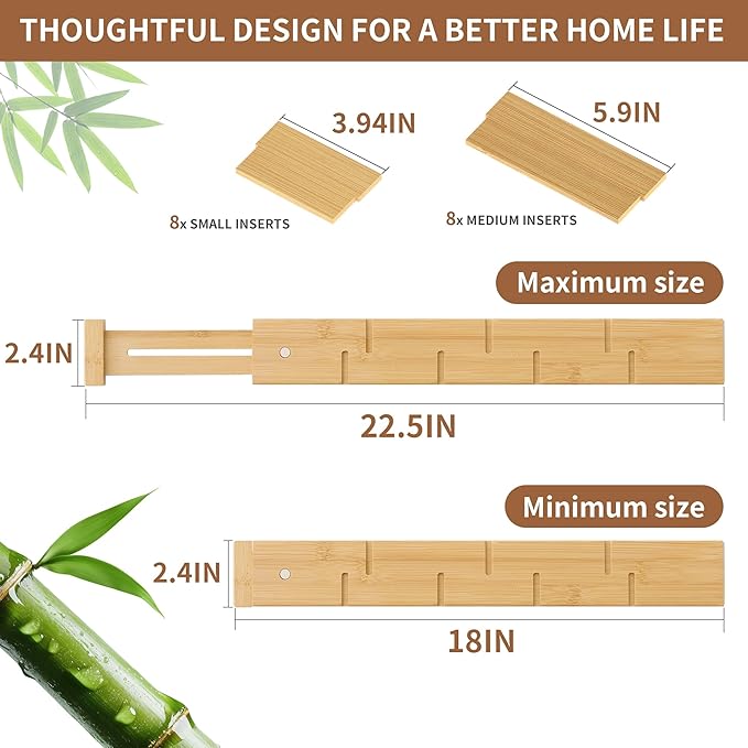 Bamboo Drawer Dividers with Inserts kitchen drawer organizer Adjustable Expandable 8 Pack Organizer Set for Kitchen Bedroom Bathroom Office 8 Dividers with 16 Inserts (Natural, Large (18-22.5IN))