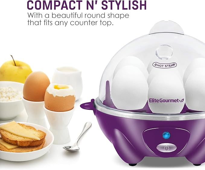 Elite Gourmet EGC700P# Rapid Egg Cooker, 7 Easy-To-Peel, Hard, Medium, Soft Boiled Eggs, Poacher, Omelet Maker, Auto Shut-Off, Alarm, 16-Recipe Booklet, BPA-Free, Eggplant