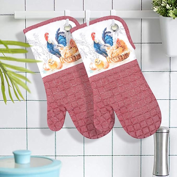 Silicone Printing Oven Mitts Heat Resistant to 500 Degree,Yarm-Dyed Oven Gloves with Animal Design Non-Slip for Kitchen Cooking Barbecue Baking and Machine Washable.(Red Oven Mitts)