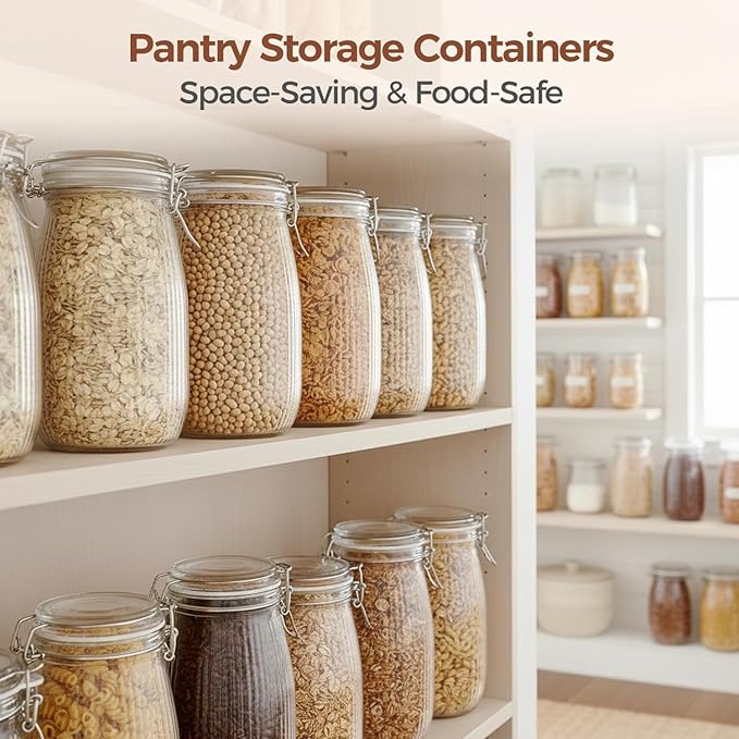 ComSaf 3pcs 50oz Ribbed Glass Jars with Airtight Clamp Lids, Large Vintage Canisters for Flour, Sugar Storage & Fermenting, Wide Mouth for Pantry Organization & Countertop Decor
