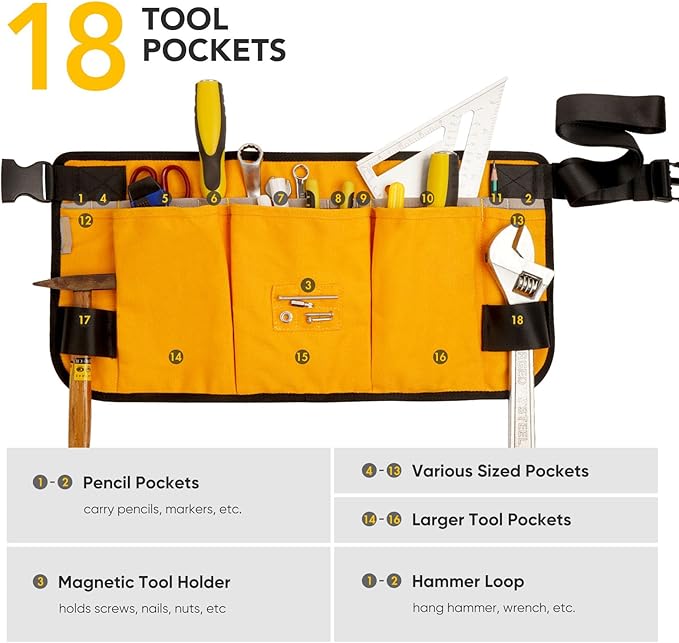 Waist Tool apron with 18 pockets, Heavy Duty Construction Tool Belt, Work Apron for Men and Women, Gifts for Men Dad Father(Wasit-Yellow)