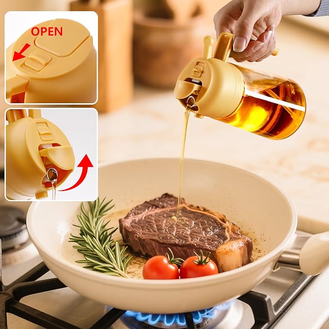 SWEET VIEW Oil Sprayer for Cooking, 16oz/470ml 2 In 1 Glass Olive Oil Sprayr & pourer for Kitchen, Air Fryer, Cooking, Salad, BBQ (Yellow)