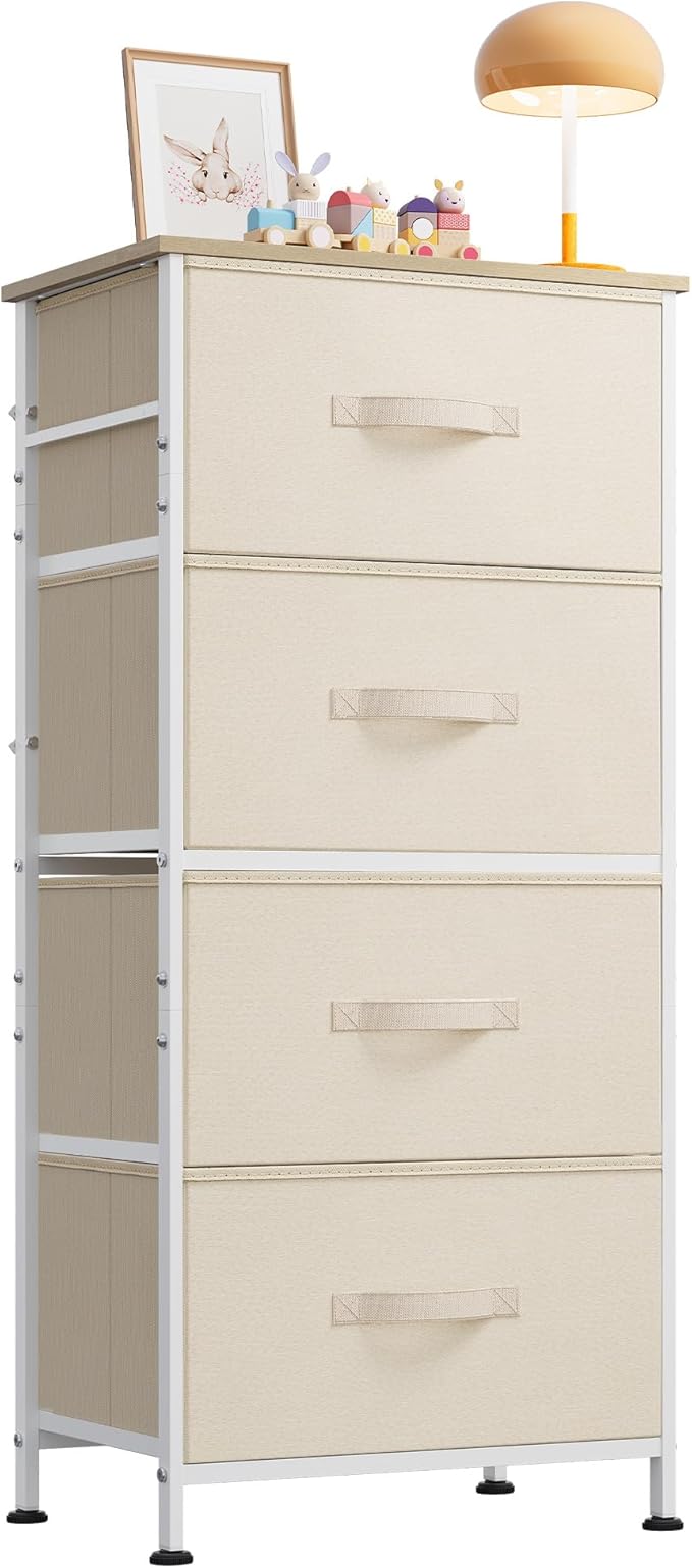 WLIVE Dresser with 4 Drawers, Storage Tower, Organizer Unit, Fabric Dresser for Bedroom, Hallway, Entryway, Closets, Sturdy Steel Frame, Wood Top, Easy Pull Handle, Cream White