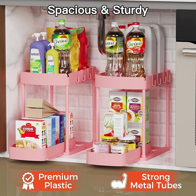 Ukeetap 2 Pack Multi-Purpose Pull-Out Storage Organizers, Under Sink Organizers and Storage for Bathroom & Kitchen, Under Cabinet Organizers and storage, 14.8 Inch, Pink