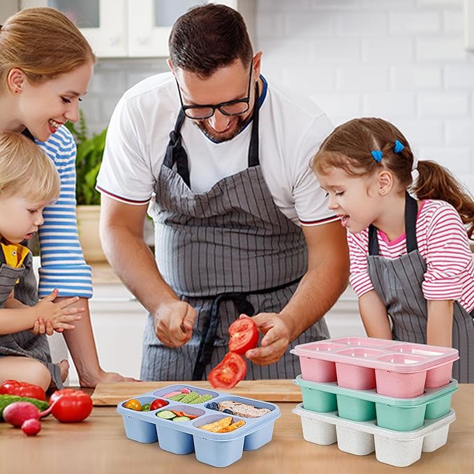 Caperci Wheat Straw Bento Snack Box Containers for Adults & Kids - Reusable Adult Lunchable Food Storage Containers with 5-Compartment for Snacks & Meals, BPA-Free, 4-Pack (Multicolor & Clear Lids)