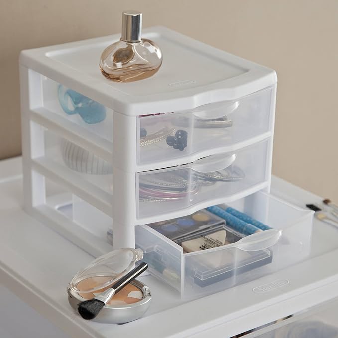 Tribello 3 Drawer Plastic Storage, Mini Drawer Unit, White Frame With Clear Drawers for Craft Storage - 10"L X 7.5"W X 8"H Inches - (2 Pack)
